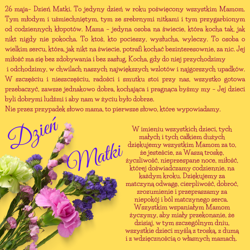 życzenia Dzień Matki , żółte tło, bukiet różnych kwiatów, życzenia