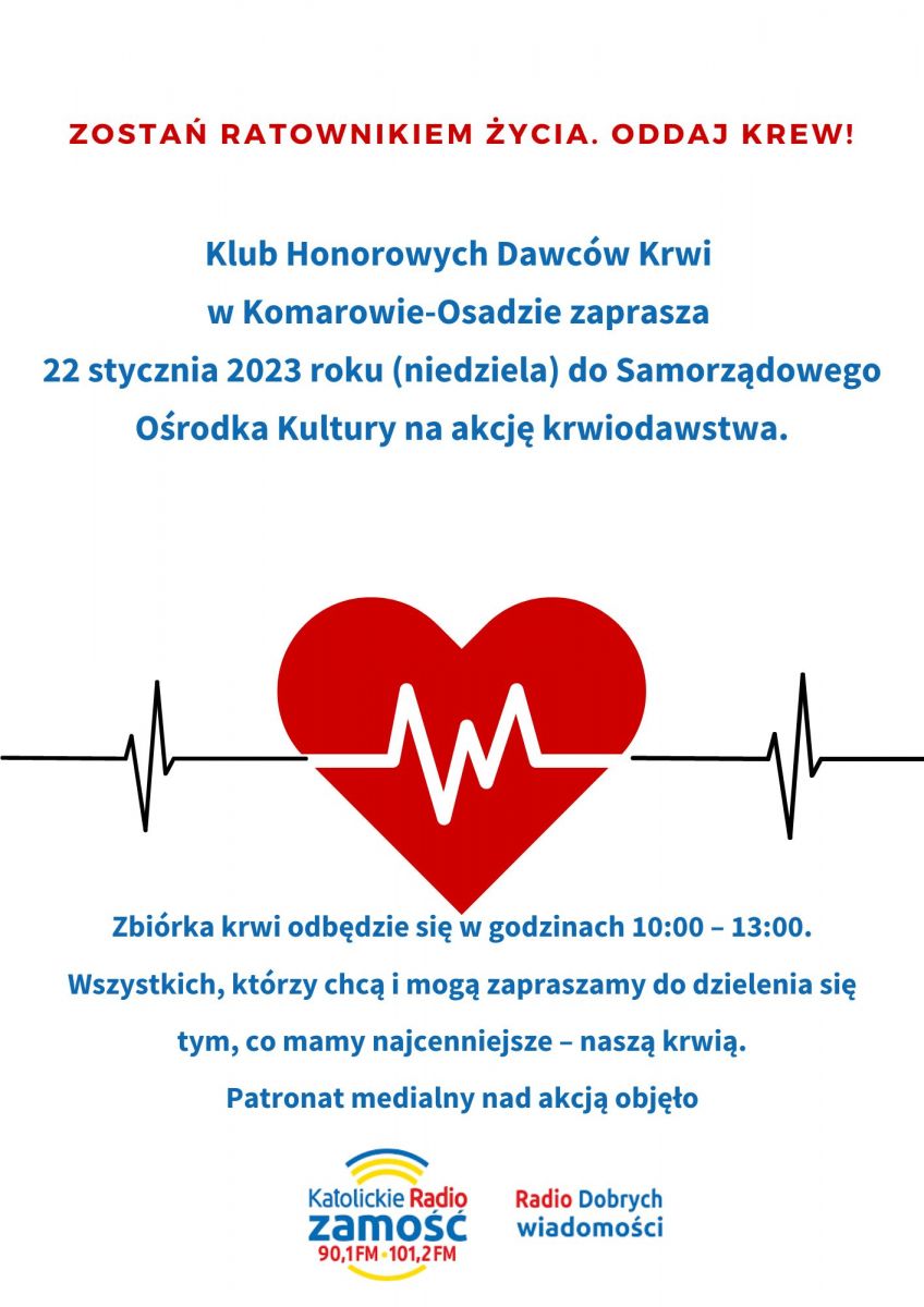 Plakat, zaproszenie do udziału w akcji poboru krwi 22 stycznia 2023 roku godz. 10-13 SOK