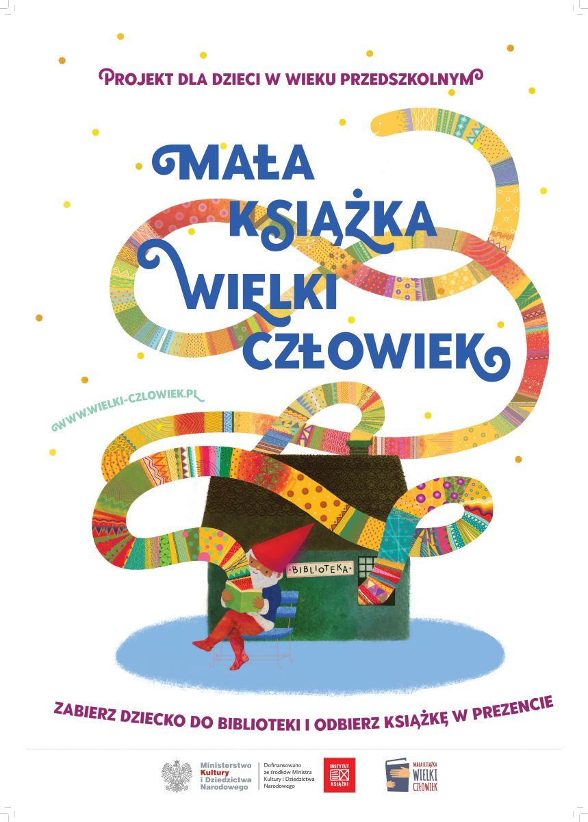 Plakat, projekt dla dzieci w wieku przedszkolnym, domek, kolorowy wąż, krasnal czytający książkę