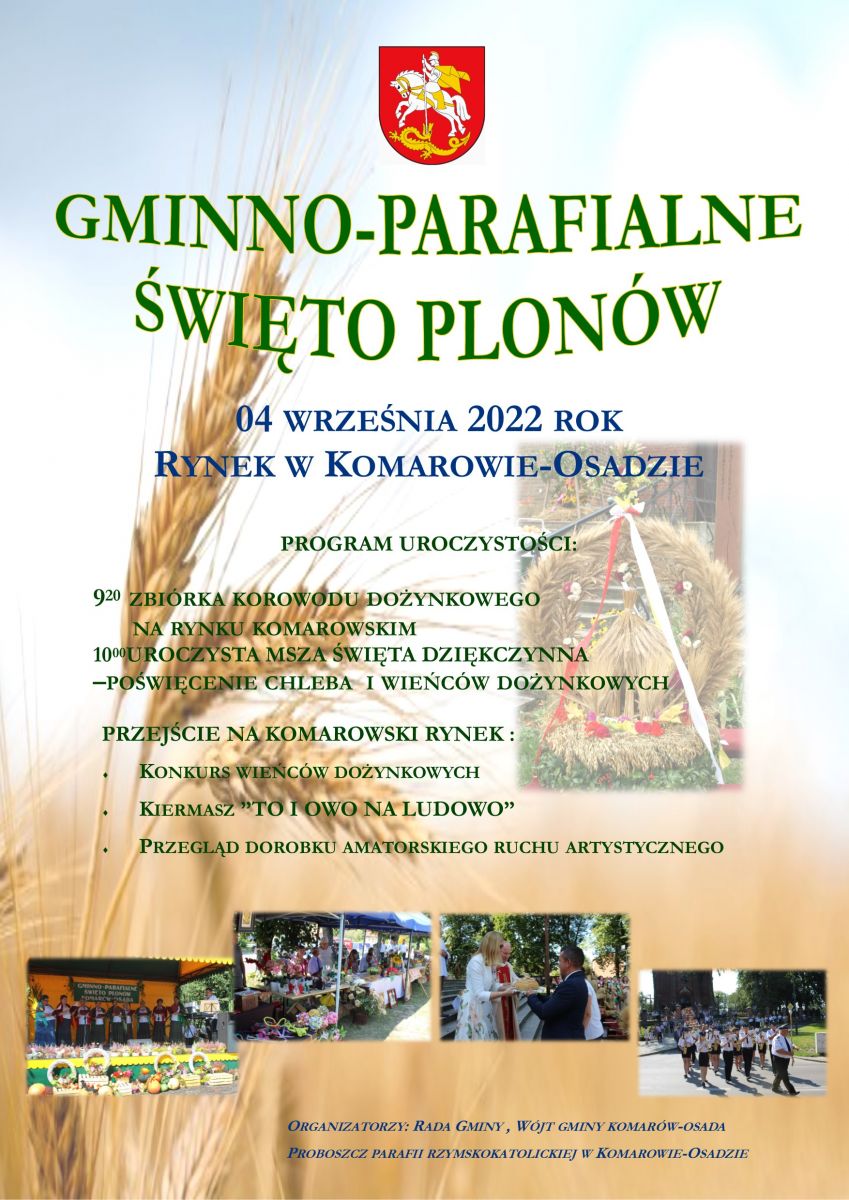 Zaproszenie, dozynki Gminno-parafialne, 4 września w Komarowie-Osadzie